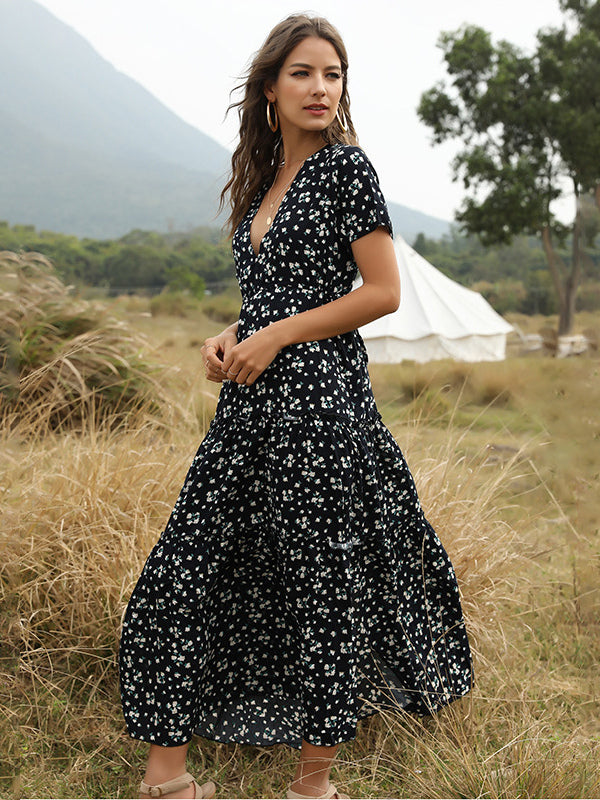 Boho Maxi Dress V Neck Short Sleeves Floral Print Summer Dresses