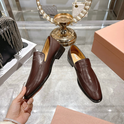 Miu Distressed Loafers Brown Cowhide 592053