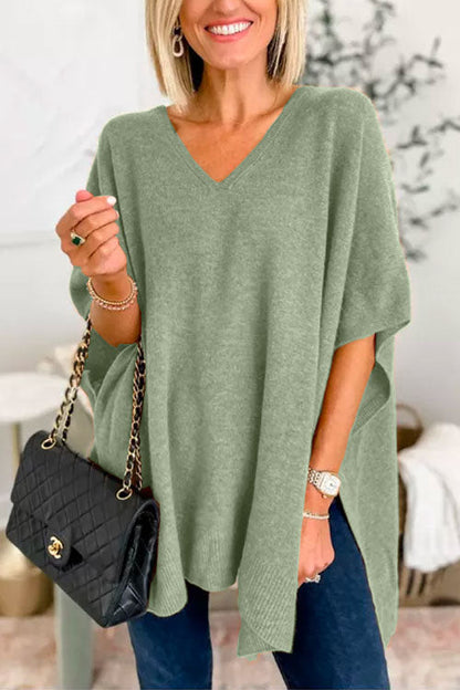 Suéter tipo poncho holgado de color liso con cuello en V más elegante