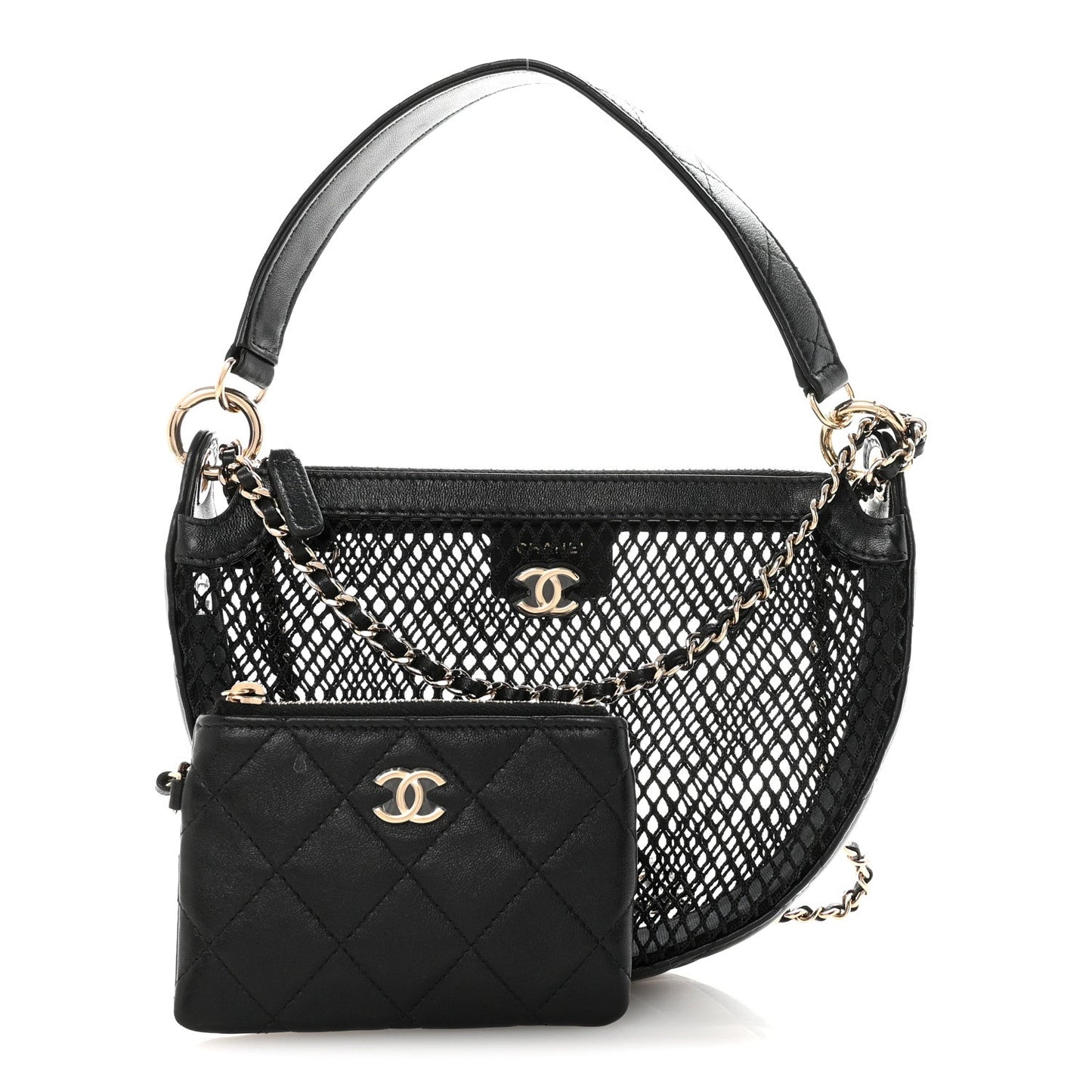 Mesh Shiny Lambskin Chain Hobo Black