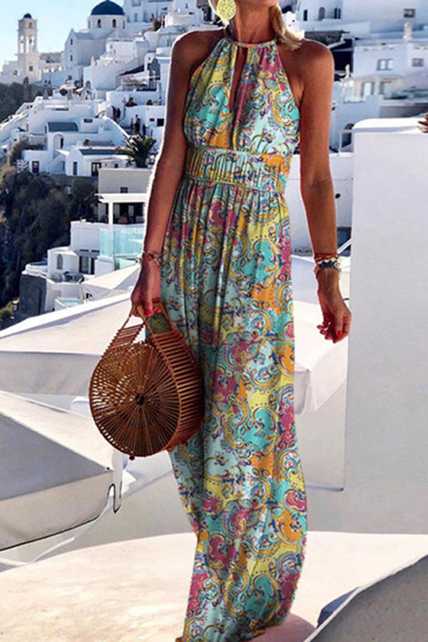 Vestido estampado con cuello redondo y cordón