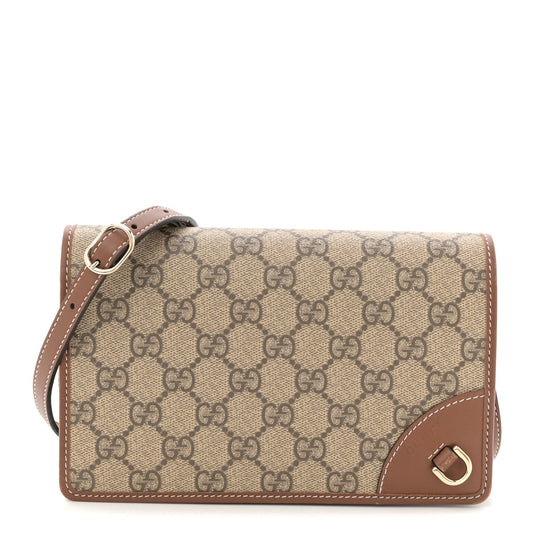 GG Supreme Monogram Textured Calfskin Emblem Super Mini Shoulder Bag Beige Dark Brown