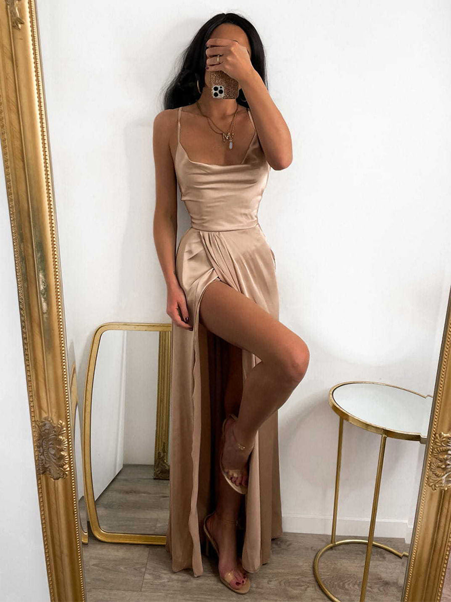 Red Halter Dress High Slit Low Back Lace Up Sexy Party Maxi Dresses