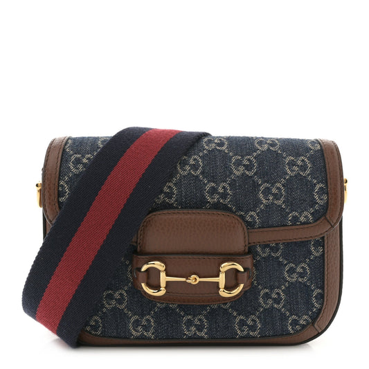 New Denim GG Monogram Dollar Calfskin Web Mini Horsebit 1955 Shoulder Bag Blue Tea Cuir Epilog