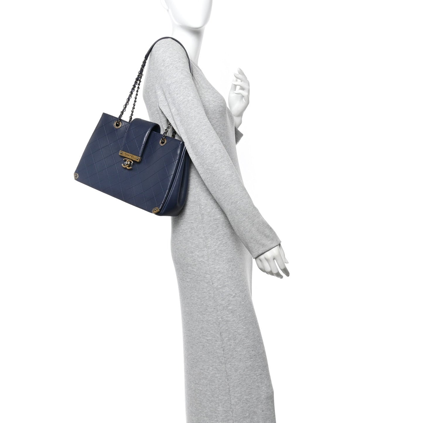 Lambskin Stitched Medium Around The Corner Shopping Tote Deep Marine