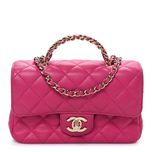 Lambskin Quilted Mini Crystal Top Handle Rectangular Flap Dark Pink
