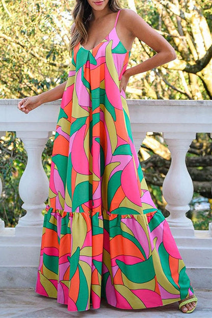 Vestido largo con cuello en V, bloques de colores geométricos multicolores y capas