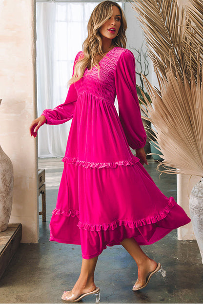 Vestido de terciopelo de manga larga con escote en V fruncido 