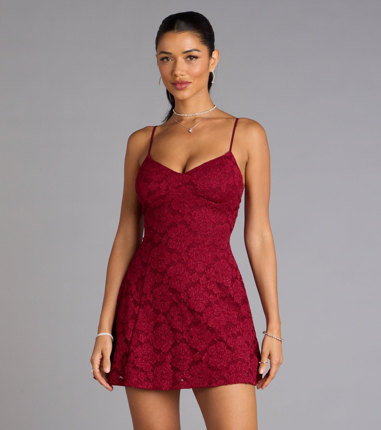 Romantic Notion Glitter Lace-Up Mini Dress