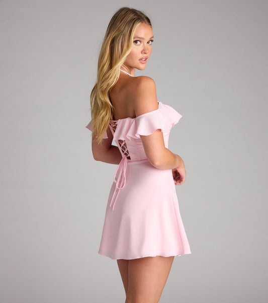 Sweetheart Ruffle Lace Up Skater Dress