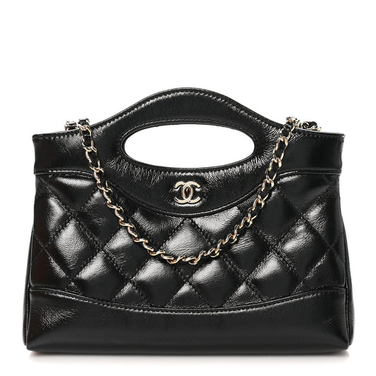 Shiny Crumpled Calfskin Quilted Nano 31 Shopping Bag Black