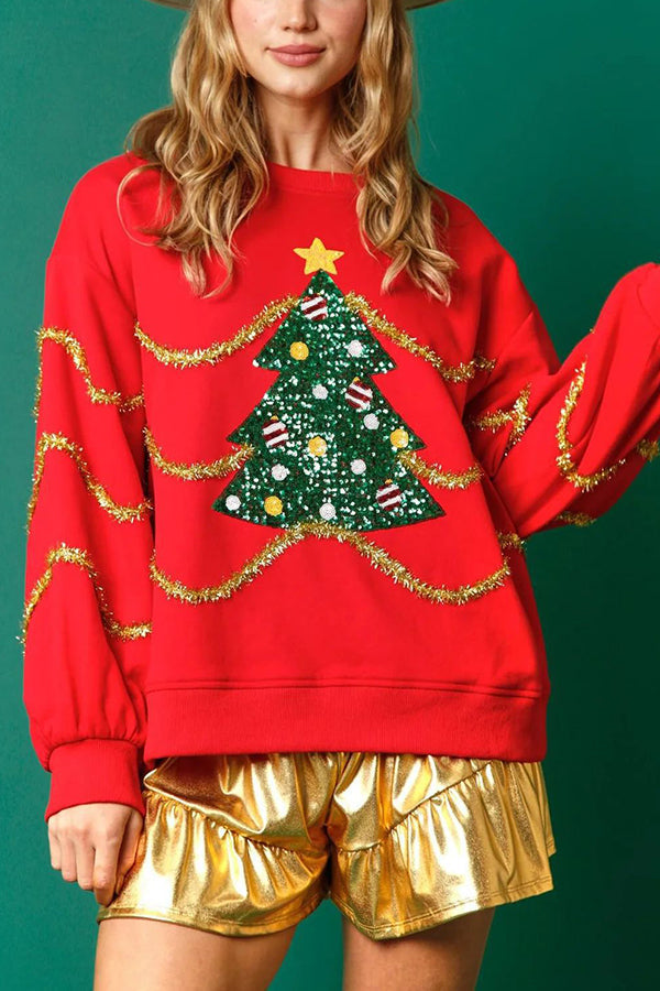 Sudadera holgada de manga larga con lentejuelas y árbol de Navidad