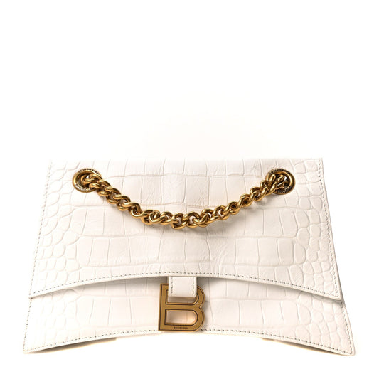 Extra Supple Calfskin Crocodile Embossed Small Crush Chain Bag Optic White