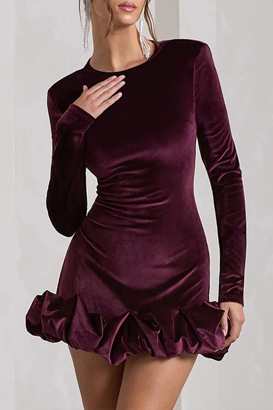 Minivestido de terciopelo con cuello redondo, manga larga, fruncido y dobladillo abullonado - Morado 