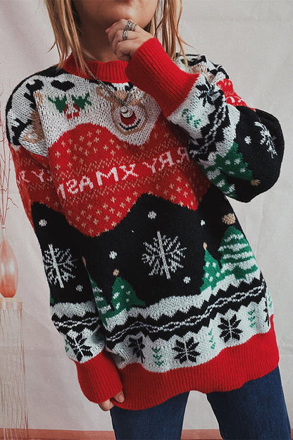 Suéter de punto de cuello redondo y manga larga con estampado navideño