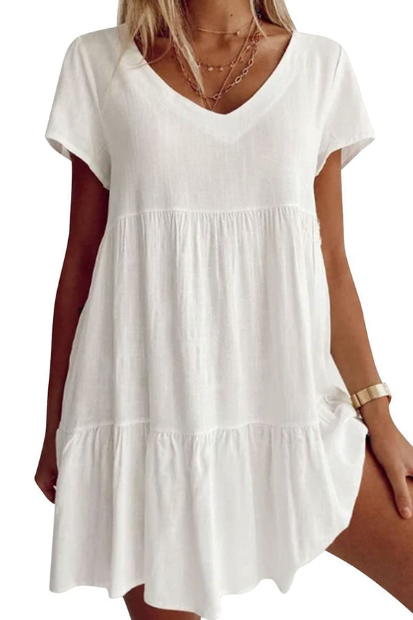 Vestido informal de mezcla de algodón con cuello en V y manga corta 