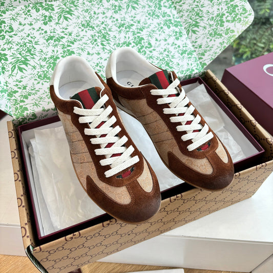 Gucci Shift Damen sneaker Varianten Schwarzes Beige & Dark Brown Canvas and Suede Trim 506841