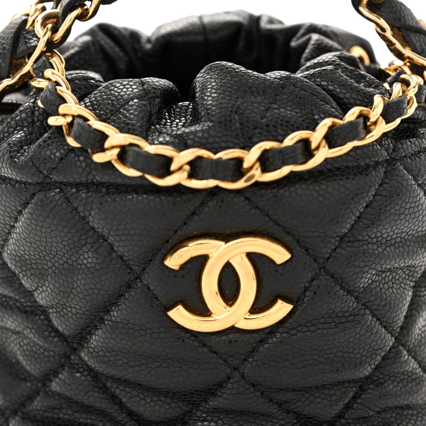 Caviar Quilted Coco First Bucket Clutch With Chain Black
