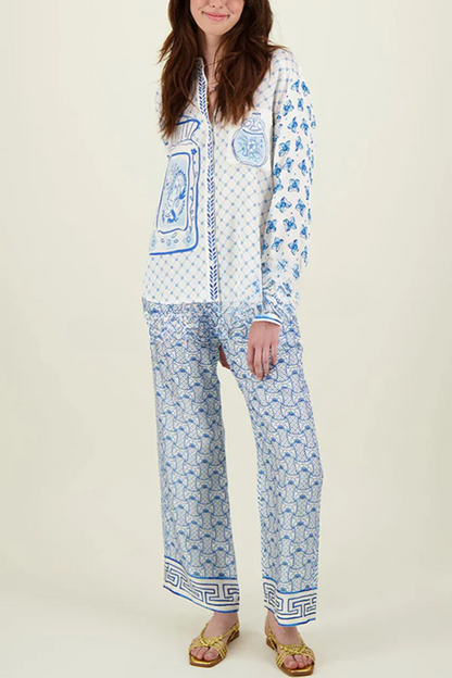 Conjunto de camisa holgada de manga larga y pantalón con cintura elástica con estampado único de dragón estilizado en satén