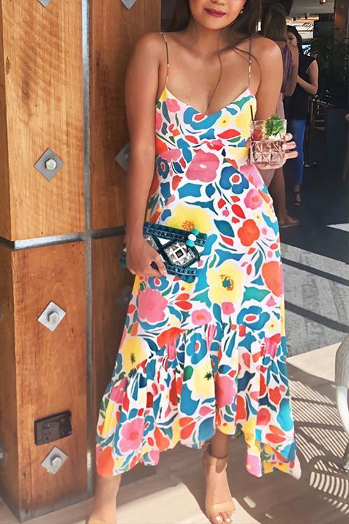 Floral Printed Backless Mid Calf Dress With Pocket
