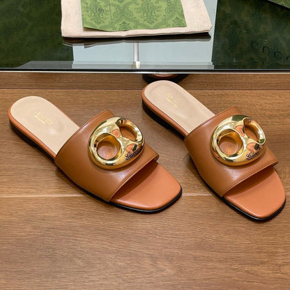FLAT MULE IN BRONE BROWN CALFSKIN