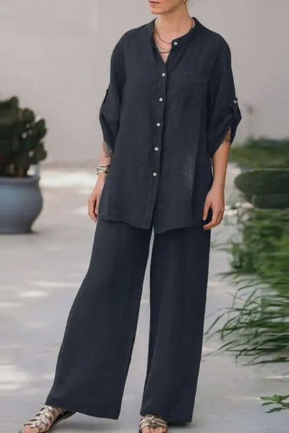 Conjunto de camisa y pantalón de color liso holgado informal