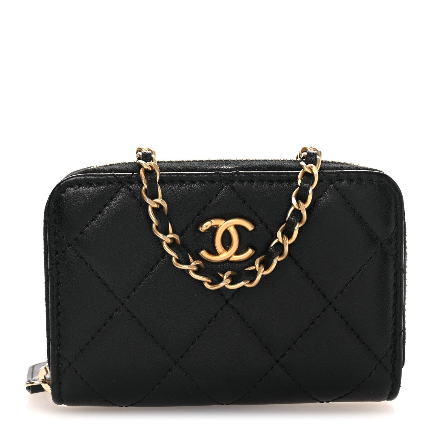 Lambskin Quilted CC Pearl Crush Zip Card Holder On Chain Black