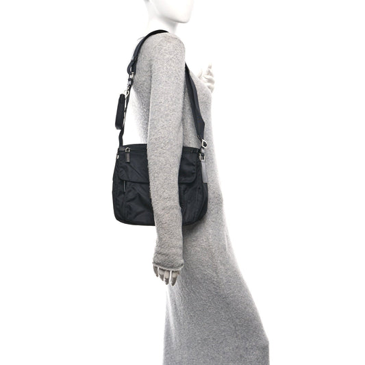 Re-Nylon Vela Saffiano Pocket Single Buckle Messenger Shoulder Bag Black