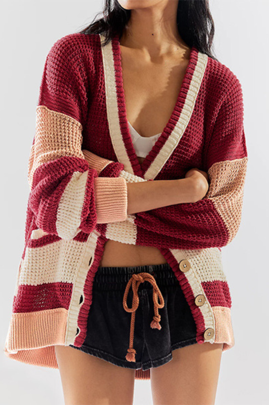 Chaqueta de punto con bolsillo extragrande y suéter tipo cárdigan con bloques de color 
