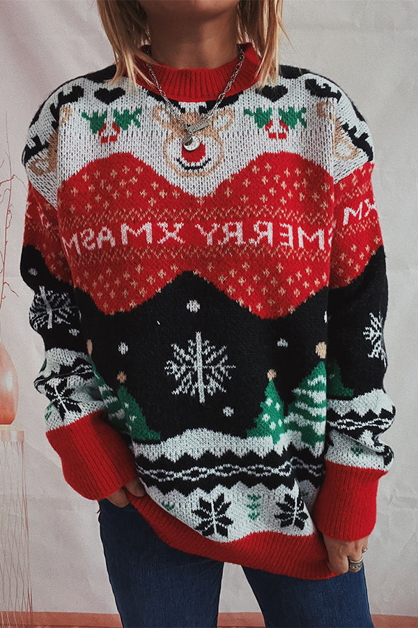 Suéter de punto de cuello redondo y manga larga con estampado navideño