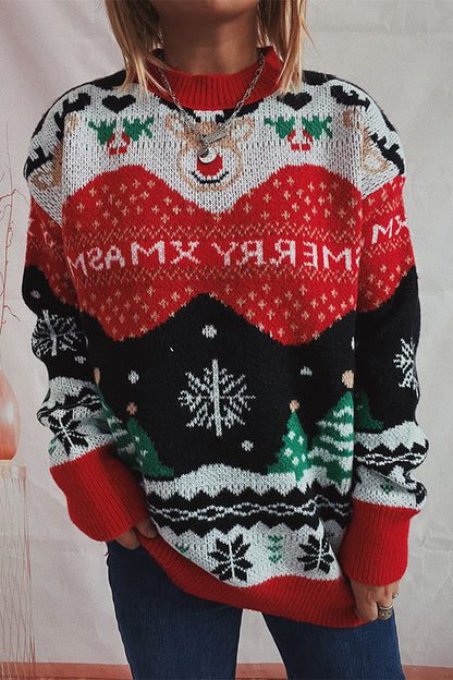 Suéter de punto de cuello redondo y manga larga con estampado navideño