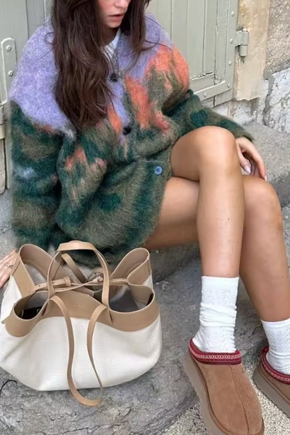 Abrigo de punto holgado con cuello en V y manga larga con estampado de paisaje 