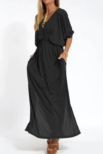 Vestido largo con abertura y bolsillos, manga corta y cintura elástica, comodidad suprema