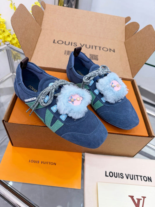 LV Sneakerina Dark Blue Mint Green Suede Fur 579933