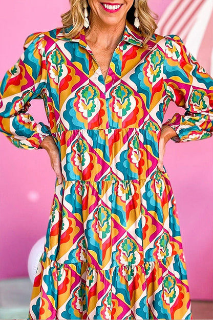 Vestido bohemio con cuello con muescas y estampado geométrico abstracto multicolor