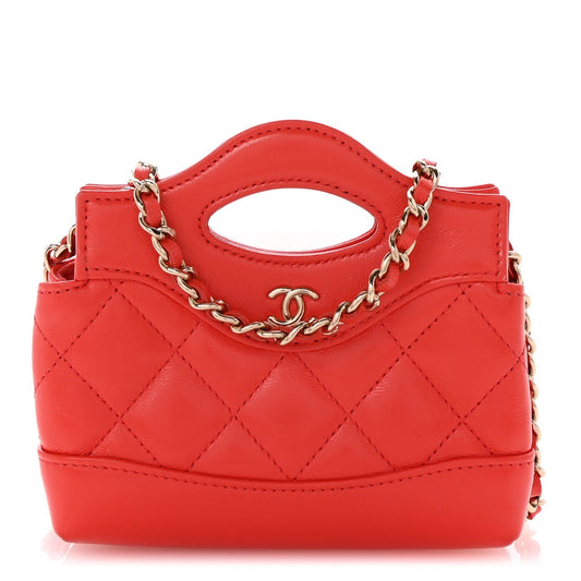 Shiny Lambskin Quilted Micro 31 Clutch With Chain Red