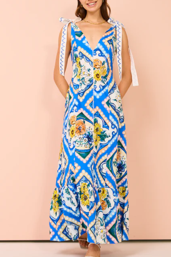 Vestido largo con lazo en los hombros con estampado floral azul celeste