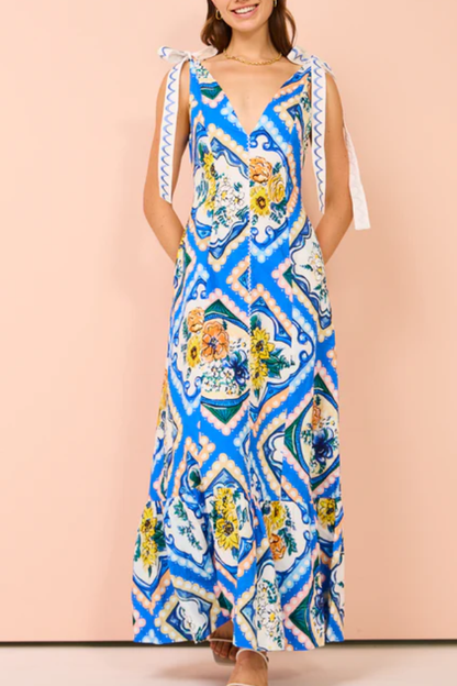 Vestido largo con lazo en los hombros con estampado floral azul celeste