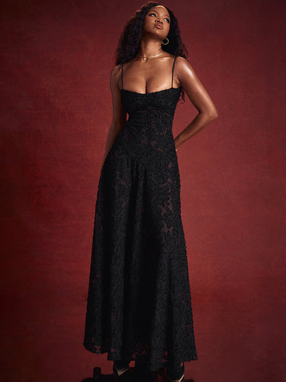 Trumpet Dress Spaghetti Straps Lace-up Floral Embroidery Prom Maxi Dresses