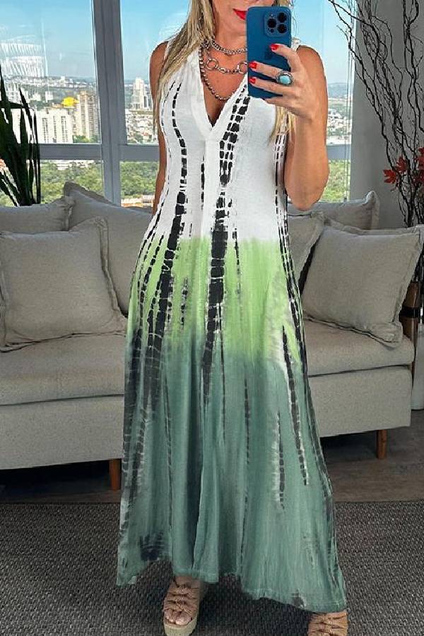 Vestido largo con cuello en V, sin mangas, estampado de bloques de color