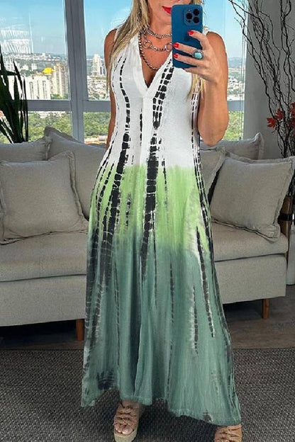 Vestido largo con cuello en V, sin mangas, estampado de bloques de color