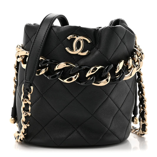 Lambskin Quilted Resin Bi-Color Chain Bucket Bag Black