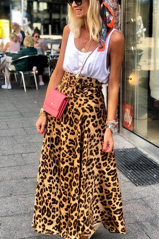 Today¡¯s Journey Satin Leopard Tie Front Elastic Waist Midi Skirt