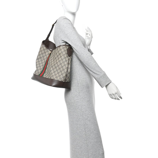 GG Supreme Monogram Textured Dollar Calfskin Web Large Ophidia Bucket Shoulder Bag Beige Ebony New Acero