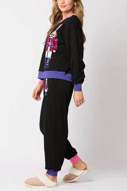 Conjunto de sudadera con lentejuelas y pantalones holgados con cintura elástica y bolsillos de estilo soldado navideño
