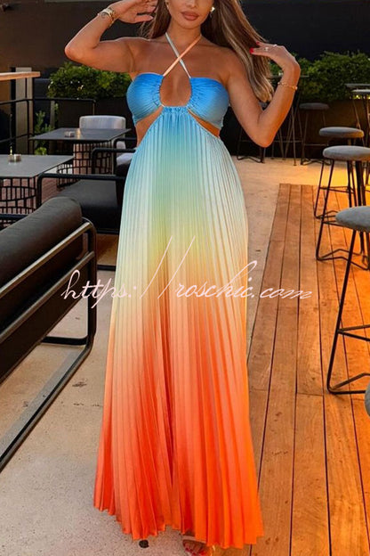 Get Ready Beautiful Gradient Print Cutout Halterneck Pleated Maxi Dress