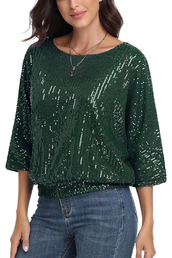Top casual holgado de cuello redondo con lentejuelas de color liso