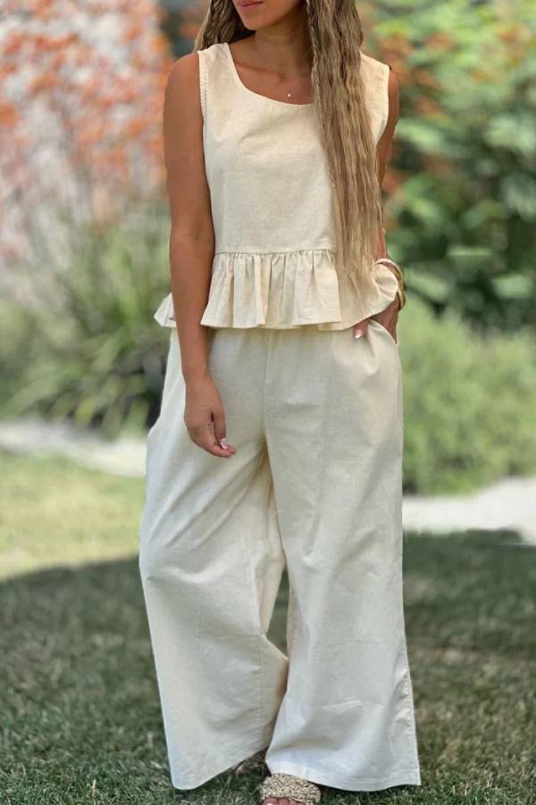 Conjunto de dos piezas de top sin mangas y pantalones anchos de algodón y lino en color liso