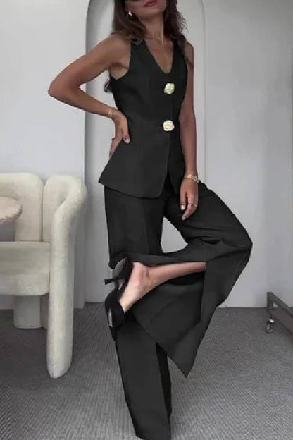 Conjunto de dos piezas de chaleco y pantalón de traje elegante de color liso sin mangas