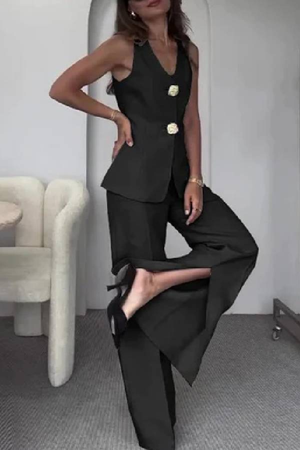 Conjunto de dos piezas de chaleco y pantalón de traje elegante de color liso sin mangas